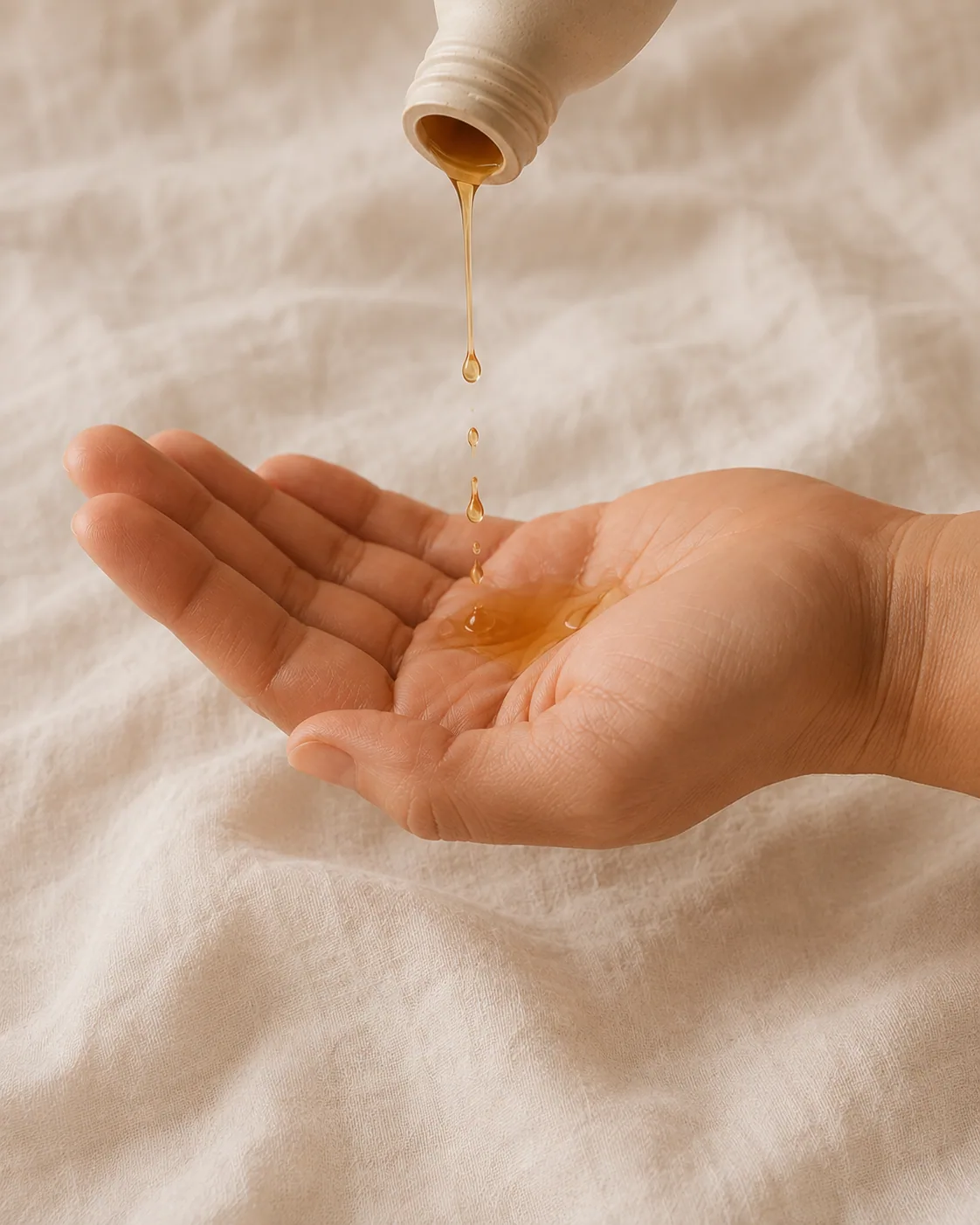 Soins — huile de massage versée dans la paume